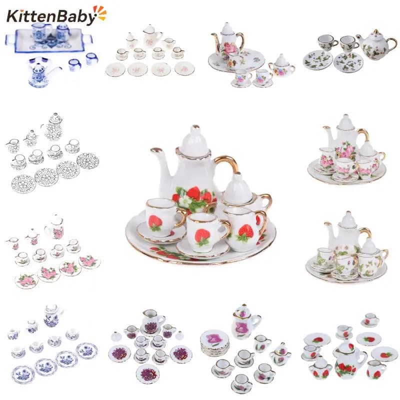 1Set Ceramic 1:6 1:12 Doll House Miniature Porcelain Tea Cup Set Tableware Kitchen Dollhouse Teapot DIY Toys Kid Gift