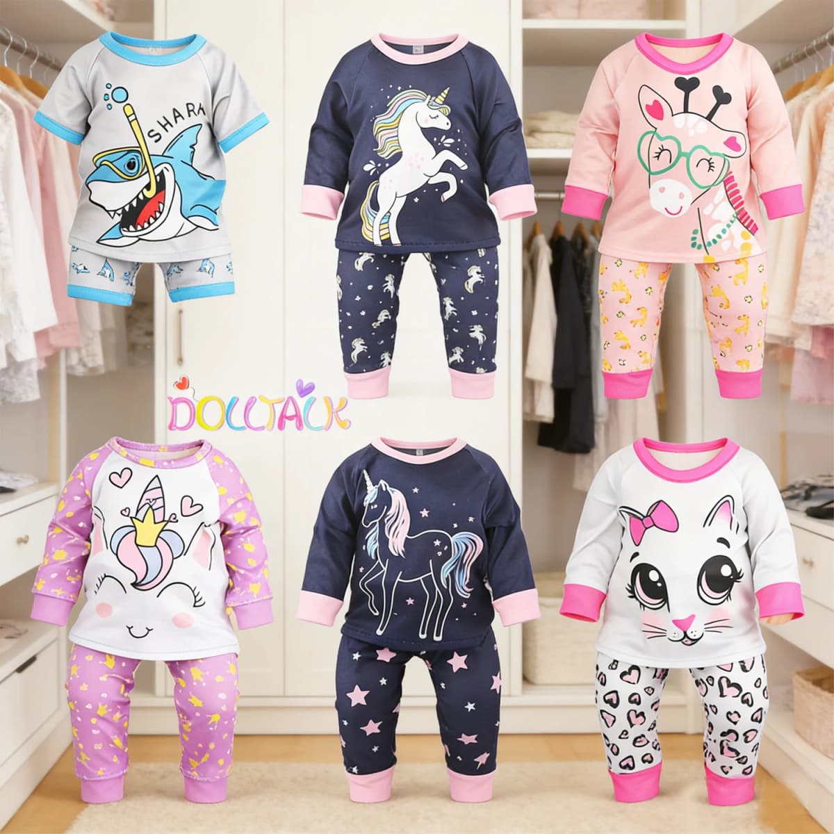 Cute Cat Animal Shark T-shirt+shorts Clothes Set Pajamas Fit For American 18 Inch Girl Doll And 43cm Baby New Born,OG Toy Doll