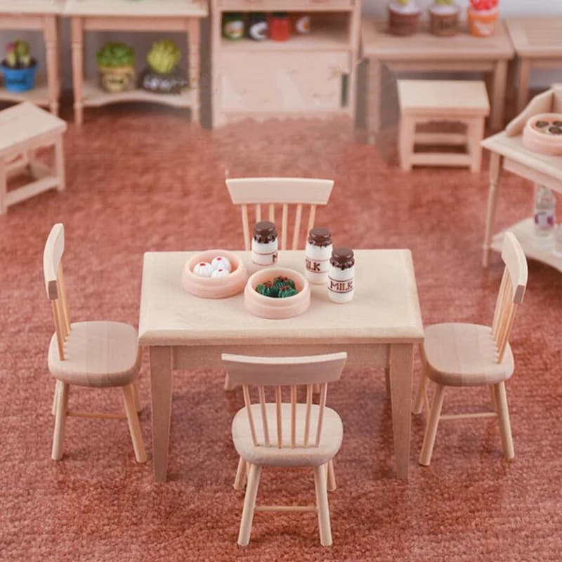 1/12 Miniature Dollhouse Furniture Wooden Dining Table And Chair Pretend Play Simulation Furniture Toys