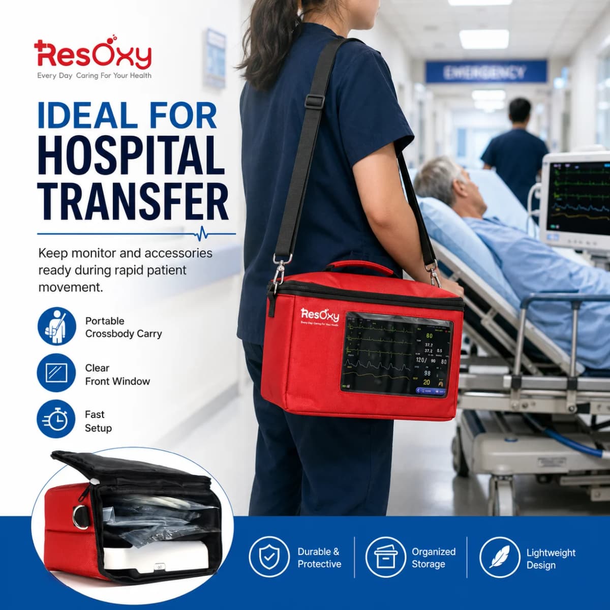 Hard Shell Travel Case Designed for E7 Patient Monitor Heavy Duty Medical Equipment Carrier Bag with Handle and Shoulder Strap