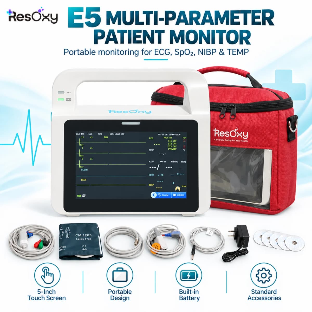 Resoxy E5 Multi Parameter Patient Monitor ECG SpO2 NIBP RESP TEMP Vital Signs Monitor 5 Inch Touch Screen Portable Device