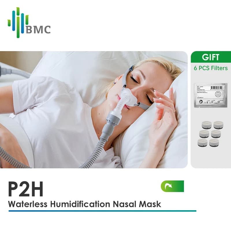BMC P2H Nasal Pillow Mask with Headgear, Waterless Humidification CPAP Mask for Travel Machines, S/M/L Sizes