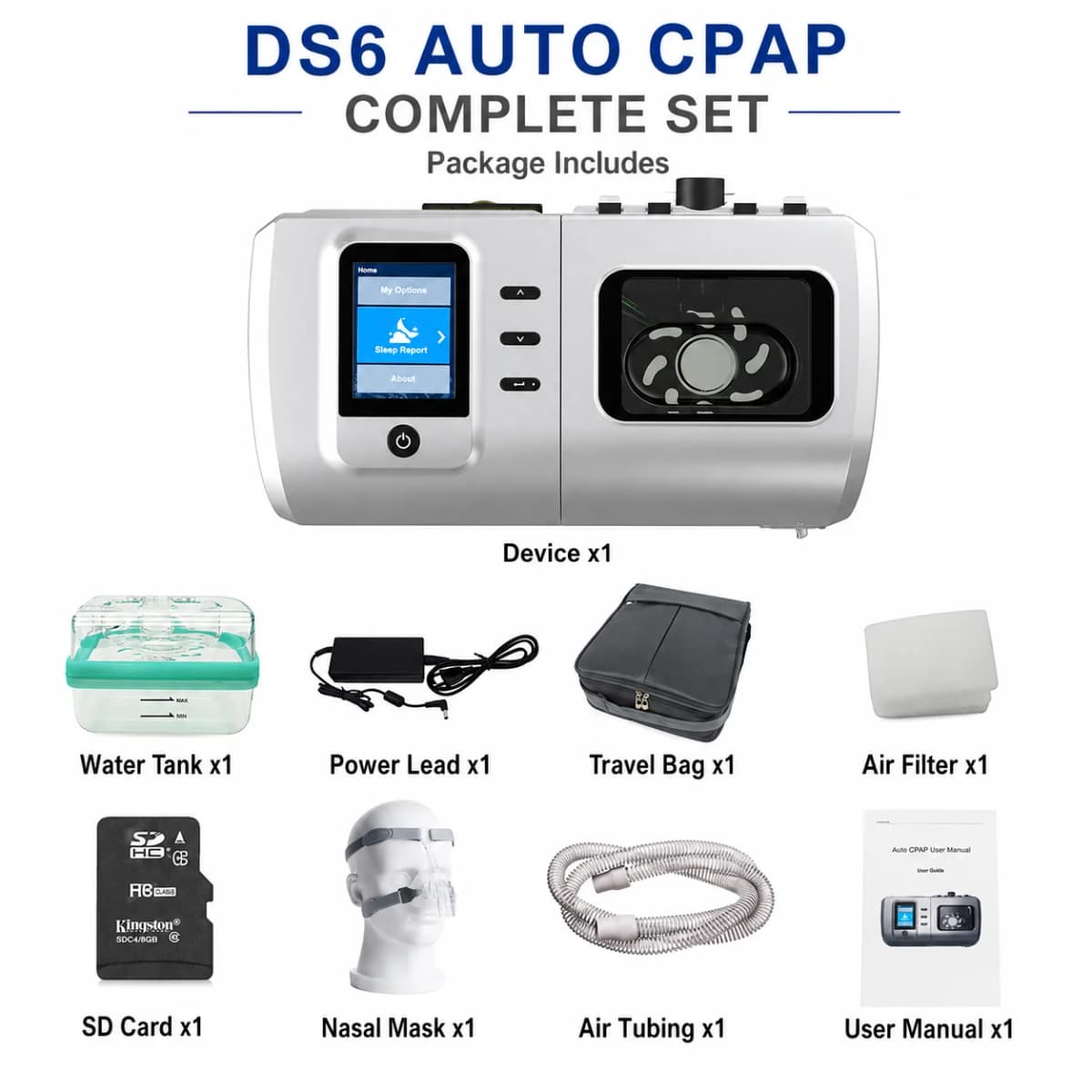 Resoxy DS6/20AH Auto CPAP Machine Automatic Pressure Adjustment Device 28dB Low Noise with SD-card For Home Travel Sleep