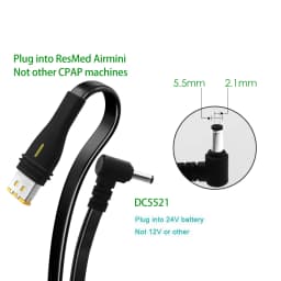 DC Power Cable for ResMed AirMini CPAP, 24V Power Cord for External Battery/Power Bank, 5.5x2.1mm Portable Travel Adapter