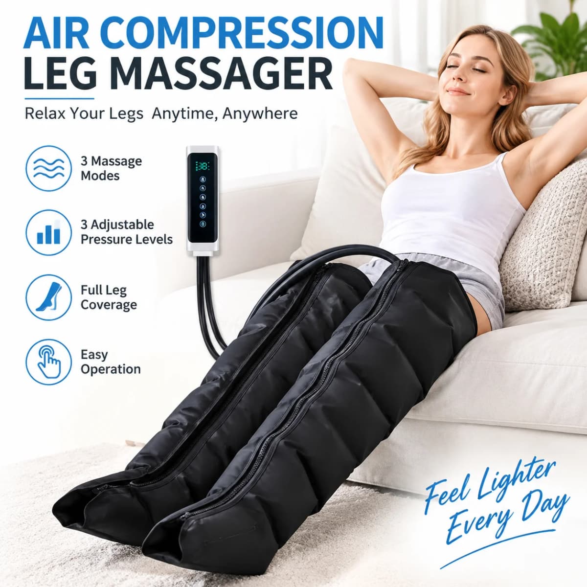Air Compression Leg Massager with Remote Control 3 Intensities for Foot Calf Thigh Relaxation Home Best Gift for Parents Friends