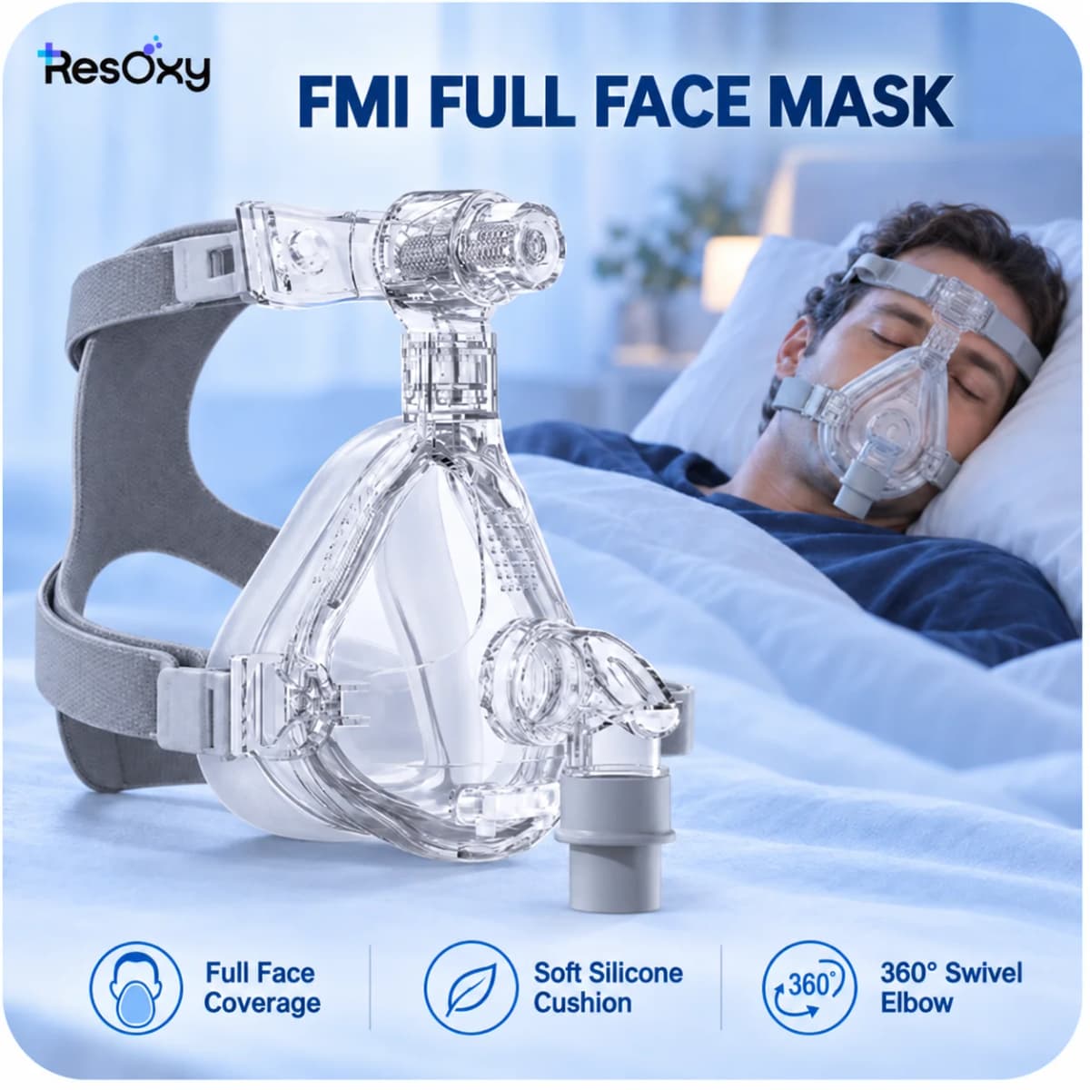 Resoxy FMI CPAP Full Face Mask Adjustable Forehead Double-Layer Medical Silicon Headgear Quick Release for Sleep Apnea Snoring
