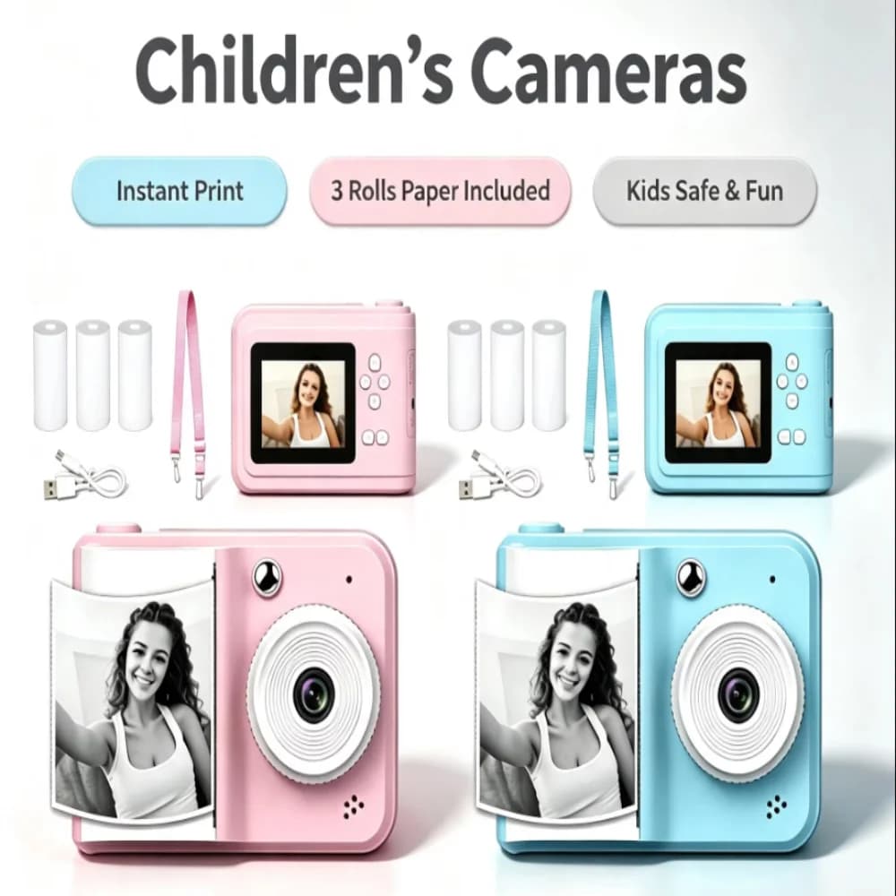 S7 Kids Instant Print Camera Portable Digital Camera for Children 1080P Photo Video Camera with 3 Rolls Print Paper Lanyard Type-C Charging Toddler Educational Toy Gift for Boys Girls