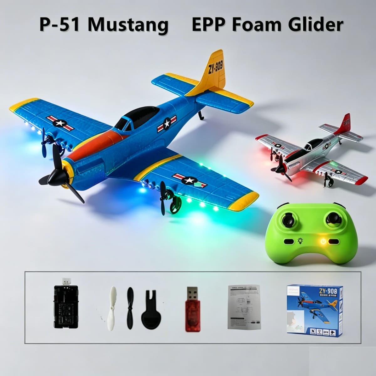 P51 Mustang EPP Foam RC Fixed Wing Fighter Plane With LED Lights 2.4GHz Long Range Anti-Impact Lightweight Outdoor Glider Toy