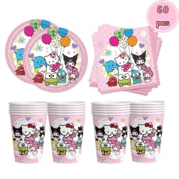60Pcs Cute Pink Cartoon Cat Birthday Party Decor Plates Cups Napkin Disposable Tableware for Girls Birthday Baby Shower Supplies