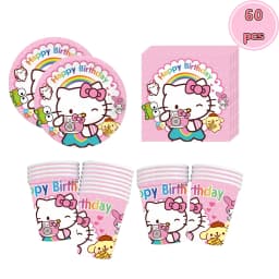60Pcs Cute Pink Cartoon Cat Birthday Party Decor Plates Cups Napkin Disposable Tableware for Girls Birthday Baby Shower Supplies