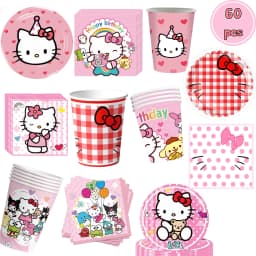 60Pcs Cute Pink Cartoon Cat Birthday Party Decor Plates Cups Napkin Disposable Tableware for Girls Birthday Baby Shower Supplies