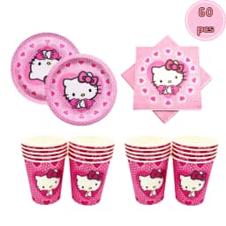 60Pcs Cute Pink Cartoon Cat Birthday Party Decor Plates Cups Napkin Disposable Tableware for Girls Birthday Baby Shower Supplies