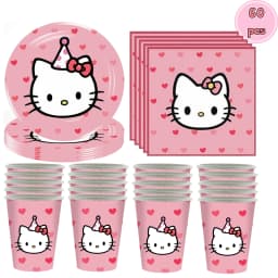 60Pcs Cute Pink Cartoon Cat Birthday Party Decor Plates Cups Napkin Disposable Tableware for Girls Birthday Baby Shower Supplies