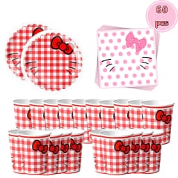 60Pcs Cute Pink Cartoon Cat Birthday Party Decor Plates Cups Napkin Disposable Tableware for Girls Birthday Baby Shower Supplies