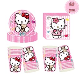 60Pcs Cute Pink Cartoon Cat Birthday Party Decor Plates Cups Napkin Disposable Tableware for Girls Birthday Baby Shower Supplies