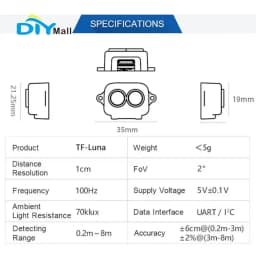TF Luna LiDAR Range Finder Sensor High Precision 0.2-8m Distance Measuring Module UART IIC 5V for Robotics Systems