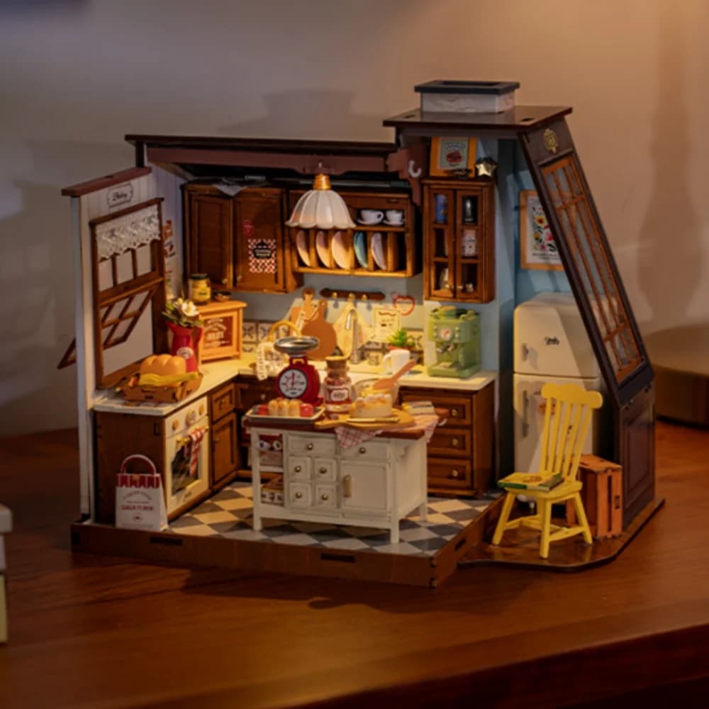 Robotime Baking Kitchen DIY Miniature Dollhouse Kit Crafts Hobbies Amazing Gift 3D Puzzle Mini House Building Kit Book Nook