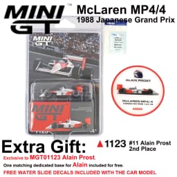 McLaren MP4/4 Alain Prost #11 MiniGT 1123 1:64 1988 Japan GP Classic F1 MGT01123 With Extra Display Free Base Diecast Car Model