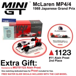 McLaren MP4/4 Alain Prost #11 MiniGT 1123 1:64 1988 Japan GP Classic F1 MGT01123 With Extra Display Free Base Diecast Car Model