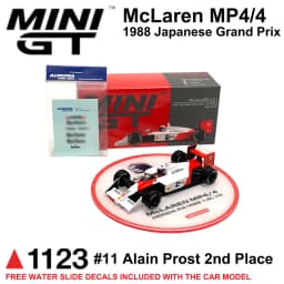 McLaren MP4/4 Alain Prost #11 MiniGT 1123 1:64 1988 Japan GP Classic F1 MGT01123 With Extra Display Free Base Diecast Car Model