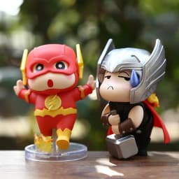 6pcs Set 8cm Crayon Shin Chan Figure Batman Superman The Flash IronMan Captain America Thor Cosplay Model PVC Decor