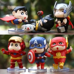 6pcs Set 8cm Crayon Shin Chan Figure Batman Superman The Flash IronMan Captain America Thor Cosplay Model PVC Decor
