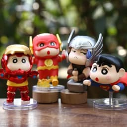 6pcs Set 8cm Crayon Shin Chan Figure Batman Superman The Flash IronMan Captain America Thor Cosplay Model PVC Decor