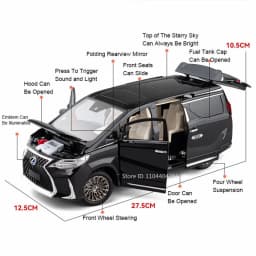 1:18 Vellfire LM300 Alloy MPV Model Diecast Car Toys Sound Light Pull Back Doors Opened Miniature Vehices Christmas Gift for Boy