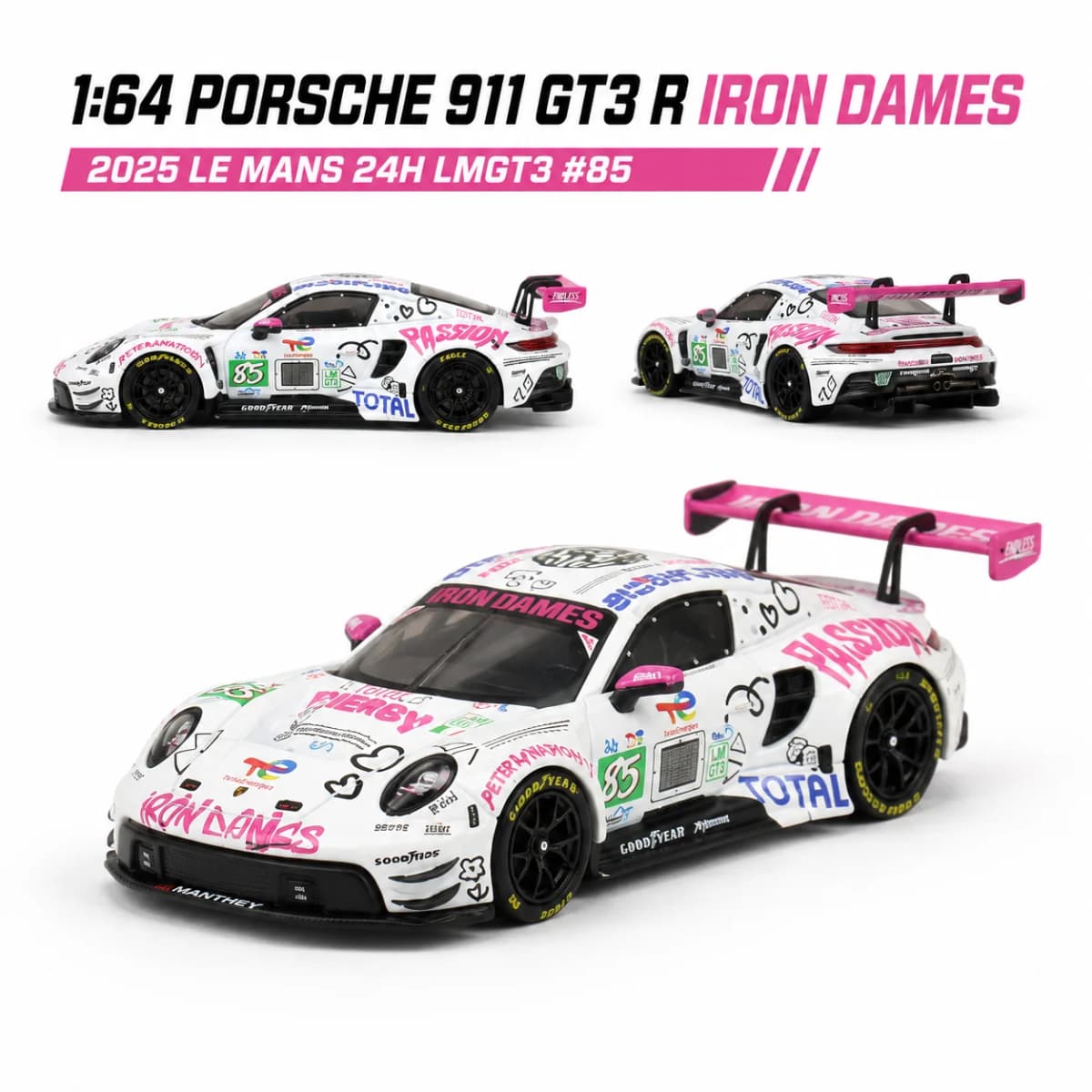 Trends Hobby 1/64 Porsche 911 GT3 R IRON DAMES #85 LMGT3 Racing Miniature Model Toy Car Free Wheels Diecast Collection Gift