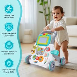 Cartoon Baby Push Walker Toy with Music Drawing Board Multifunction Activity Toddler Walker Learning Walk for 6M+ Infant