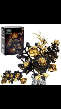 Creative Purple Flower Black Golden Rose Bouquet Building Blocks Home Desk Plant Decoration Assemble Bricks Toys Gift For Lady