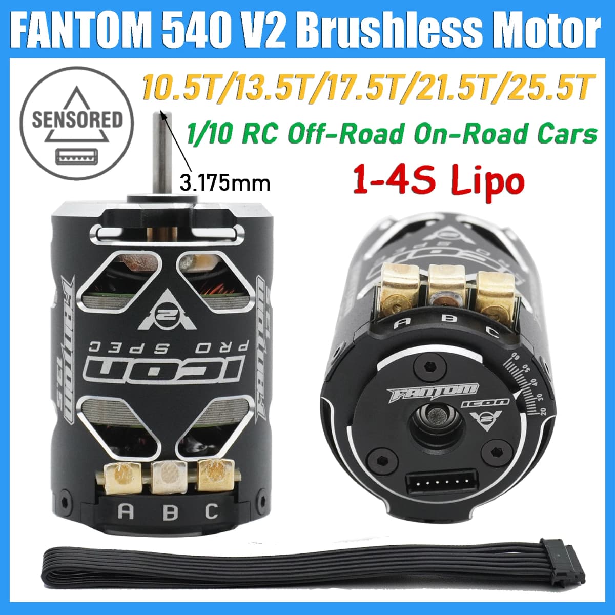FANTOM 540 V2 10.5T/13.5T/17.5T/21.5T/25.5T Sensored Brushless Motor 3.175 Shaft for 1/10 RC Drift Racing Off-Road On-Road Cars