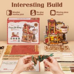 ROKR Dream Gift Factory Wooden 3D Puzzle DIY Mini Dollhouse Model Building Kit with Music & LED Lights 449 Pieces Assembly Toys for Adults Teens
