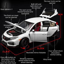 1:18 Honda Civic Type R Alloy Car Model Slide Multi-door Light Toy Ornament Diecast Alloy Car Model Collectible Gift