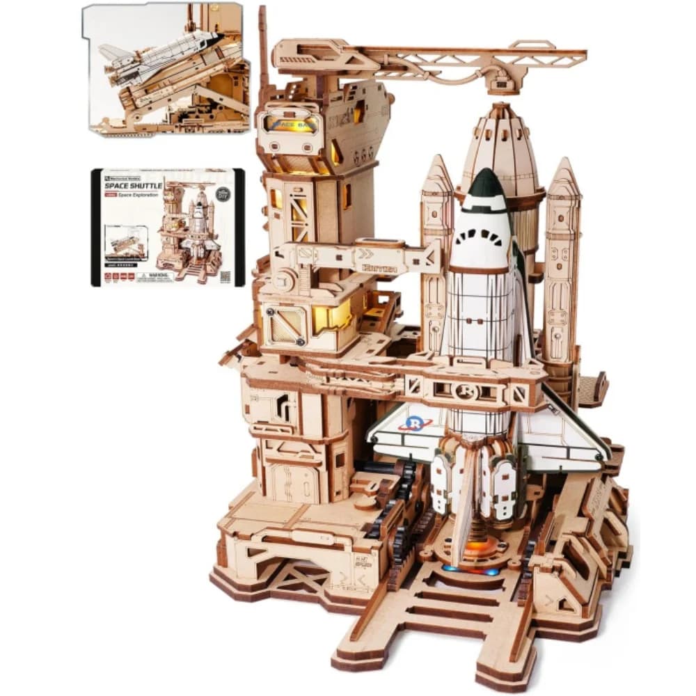 Robotime Rokr 3D Puzzles Space Shuttle Interactive DIY Building Model with Lighting Airplane Wooden Puzzles Desk Decor for Audlt