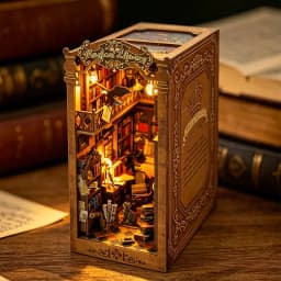 Magical Library DIY Book Nook Kit Miniature Bookshelf Insert with LED Light 3D Wooden Puzzle Building Kit Craft Gift Dollhouse