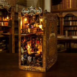 Magical Library DIY Book Nook Kit Miniature Bookshelf Insert with LED Light 3D Wooden Puzzle Building Kit Craft Gift Dollhouse