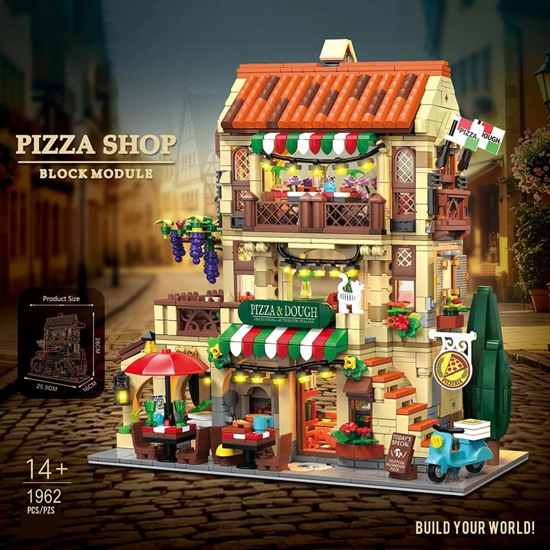 City Series MOC 1962pcs Pizza Shop Model Building Blocks DIY Pizza Restaurant Bricks Toys Gifts For Men Boy Desktop Ornament