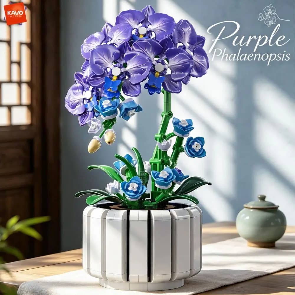 KAVOWORLD 627PCS Purple Butterfly Orchid Building Blocks Simulation Phalaenopsis Flower Pot Bricks Creative Gifts for Family