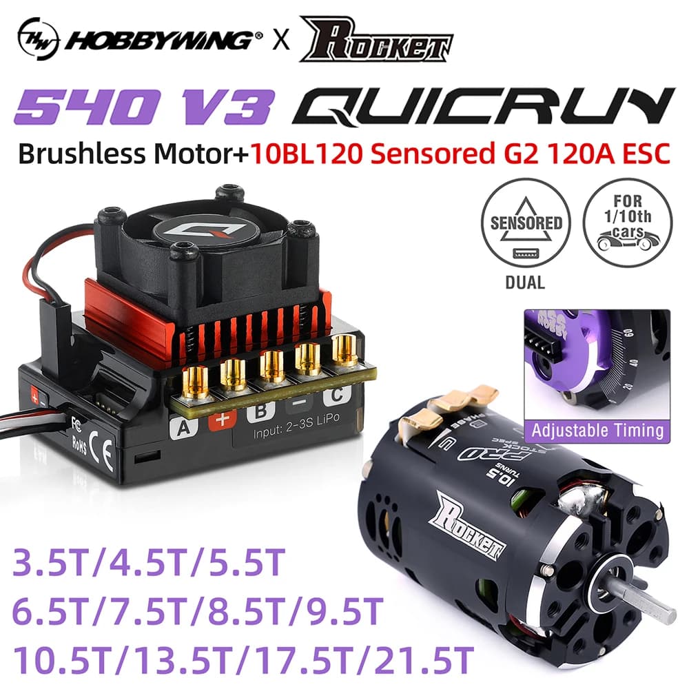 Hobbywing QUICRUN 10BL120 120A ESC W/Rocket 540 V3 4.5T Motor Sensored Brushless Combo for Competition 1/10 1/12 F1 RC Car