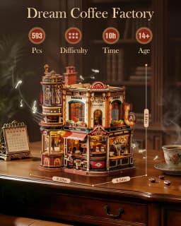 Robotime Dream Coffee Factory 3D Wooden Puzzle Model Kit for Adults Gear-Driven Mechanical DIY Craft with Moving Parts Desk Decor Gift Book Nook EAB02