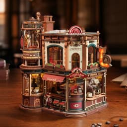Robotime Dream Coffee Factory 3D Wooden Puzzle Model Kit for Adults Gear-Driven Mechanical DIY Craft with Moving Parts Desk Decor Gift Book Nook EAB02