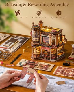 Robotime Dream Coffee Factory 3D Wooden Puzzle Model Kit for Adults Gear-Driven Mechanical DIY Craft with Moving Parts Desk Decor Gift Book Nook EAB02