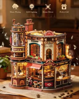 Robotime Dream Coffee Factory 3D Wooden Puzzle Model Kit for Adults Gear-Driven Mechanical DIY Craft with Moving Parts Desk Decor Gift Book Nook EAB02