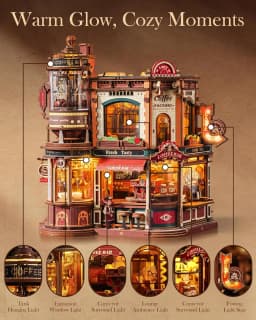 Robotime Dream Coffee Factory 3D Wooden Puzzle Model Kit for Adults Gear-Driven Mechanical DIY Craft with Moving Parts Desk Decor Gift Book Nook EAB02