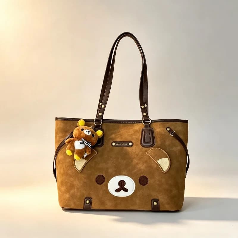 Rilakkuma suede handbag embroidered bear face large capacity shoulder handbag casual shopping bag