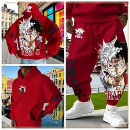 One Piece Luffy Gear 5 Hoodie Pants Set Red Cotton Tracksuit with Character Print on Hoodie Front Pant Side Loose Fit Two Piece