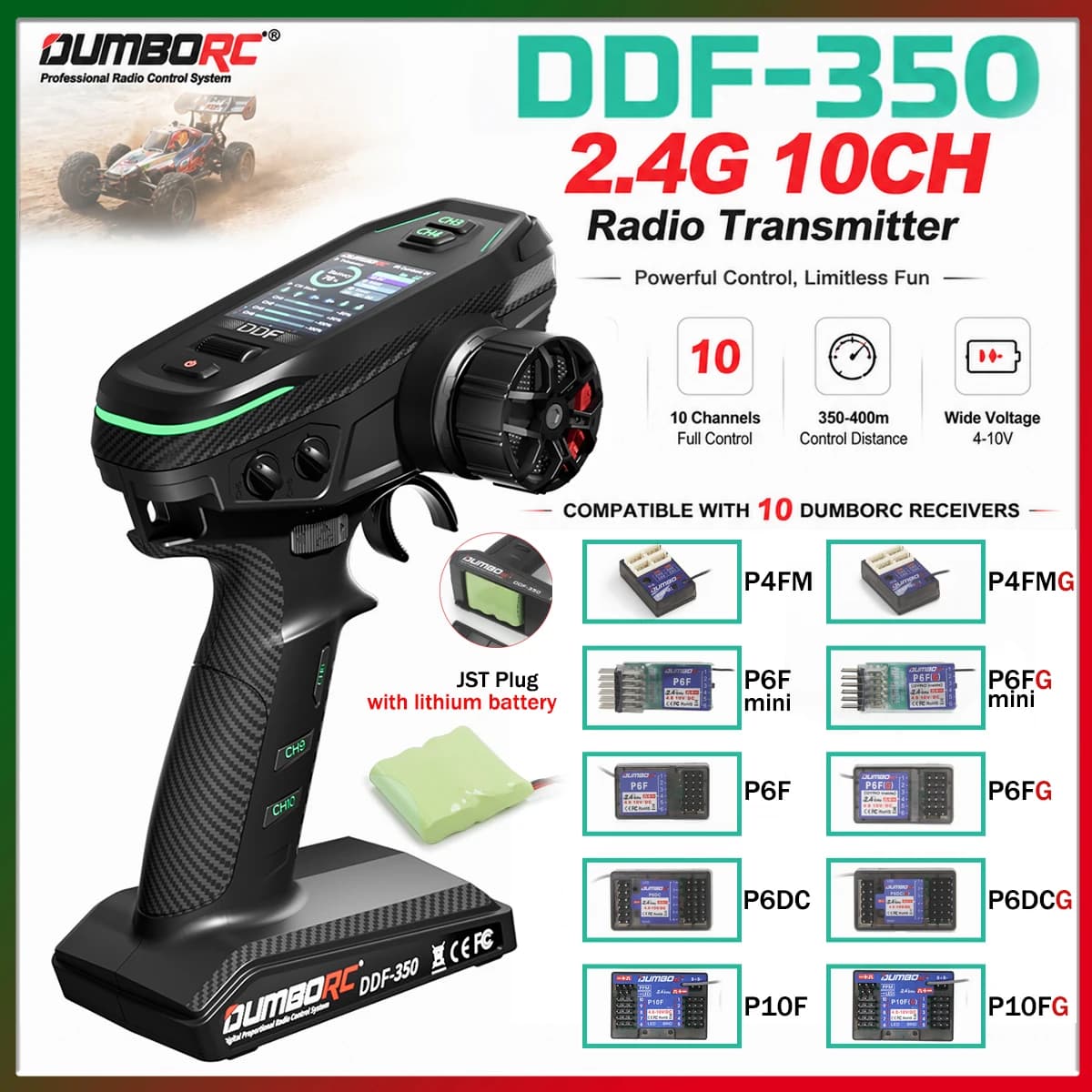 DUMBORC DDF-350 Transmitter 2.4G 10CH Digital Radio Remote Control with Gyro Receiver P6F for RC Car Boat Tank LCD FHSS System