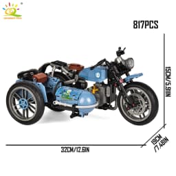 HUIQIBAO Vintage Sidecar Motorcycle Building Blocks Model Assembly Bricks Toy Retro Three Wheeled Motorbike Collectible For Kids