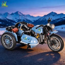 HUIQIBAO Vintage Sidecar Motorcycle Building Blocks Model Assembly Bricks Toy Retro Three Wheeled Motorbike Collectible For Kids